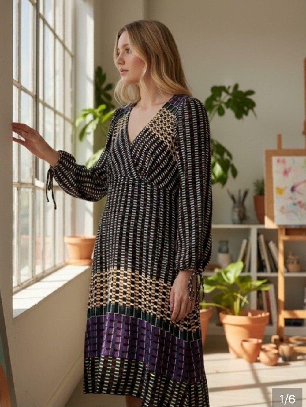 Anthropologie Navy, Purple & Mustard Geometric Long Sleeve Dress